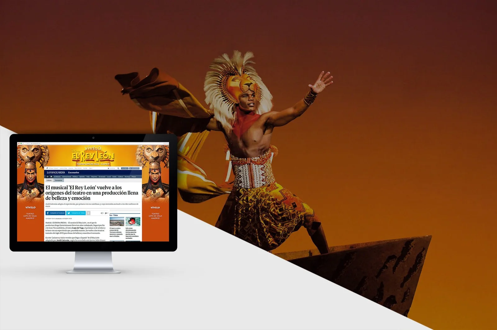 Monitor con la cobertura de prensa digital del musical El Rey León